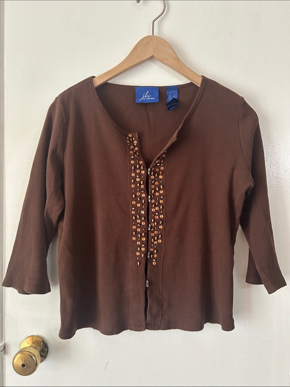 JH Collectibles Brown Ribbed Beaded Button-Front Top